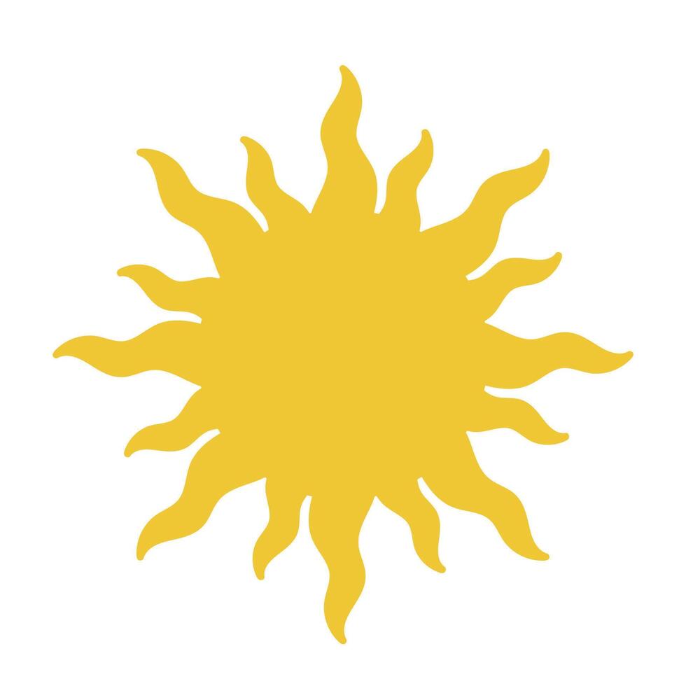 Flat yellow sun icon with wavy rays isolated on white background in simple summer weather symbol design vector