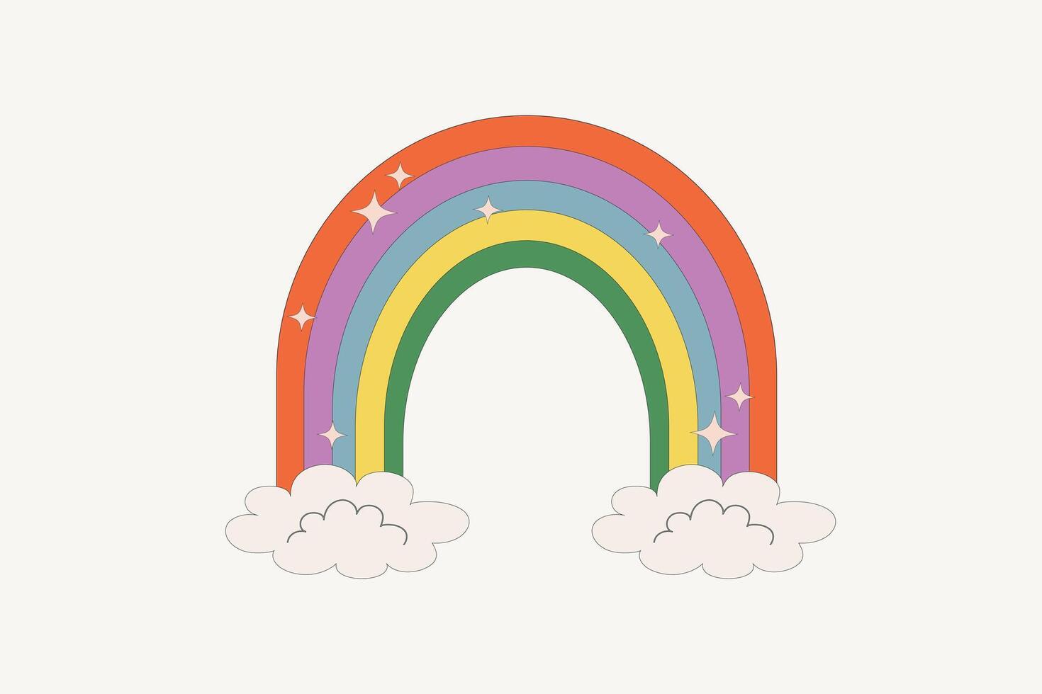 Bright cartoon rainbow with colorful stripes, clouds and sparkles on white background for kids design vector
