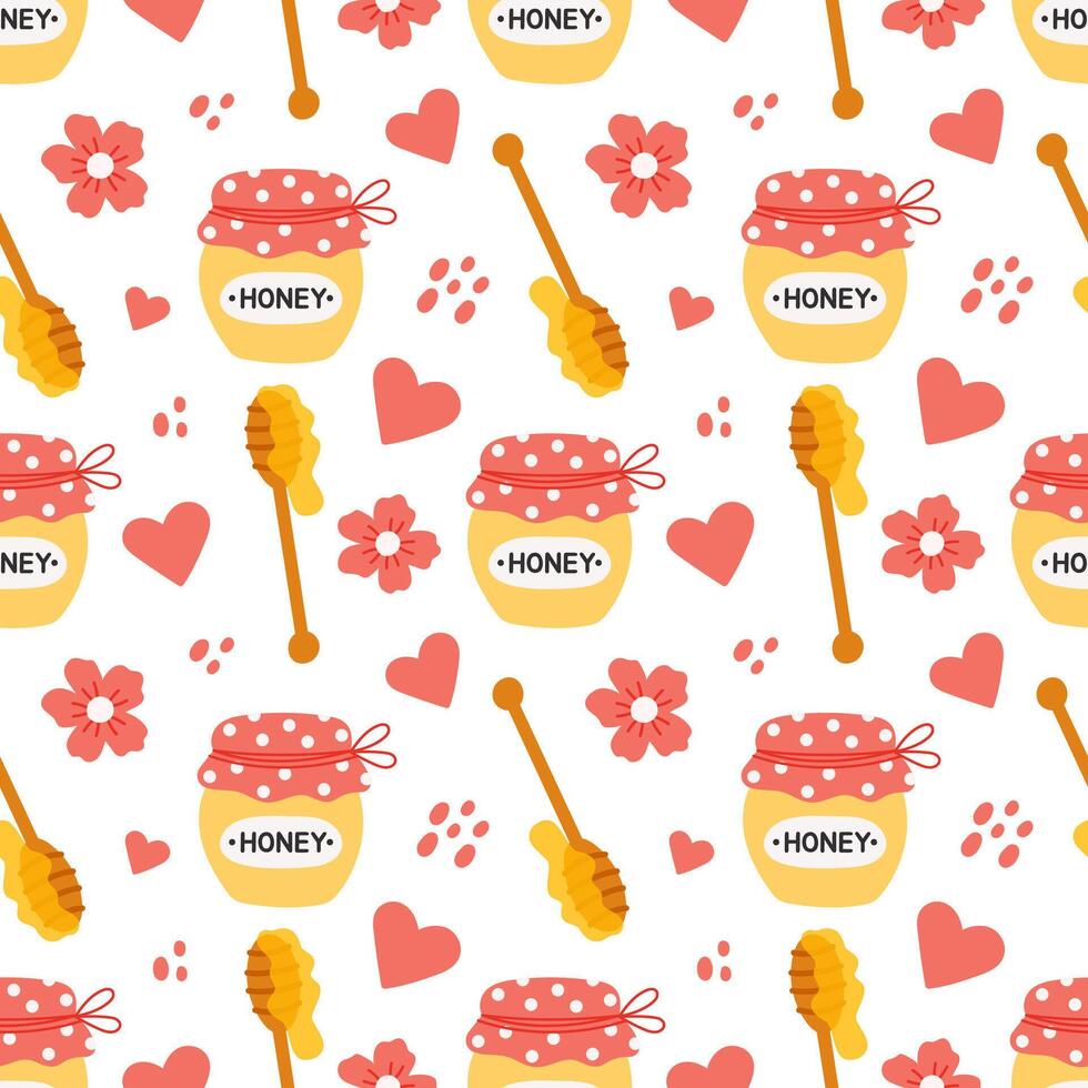 Seamless pattern with cute honey jars, hearts and flowers in flat hand drawn style vector