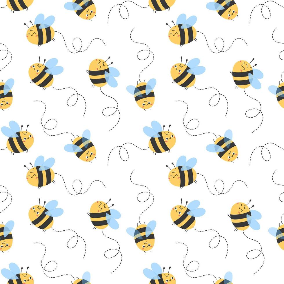 Seamless pattern with cute flying bees and dotted trails in playful flat hand drawn style vector