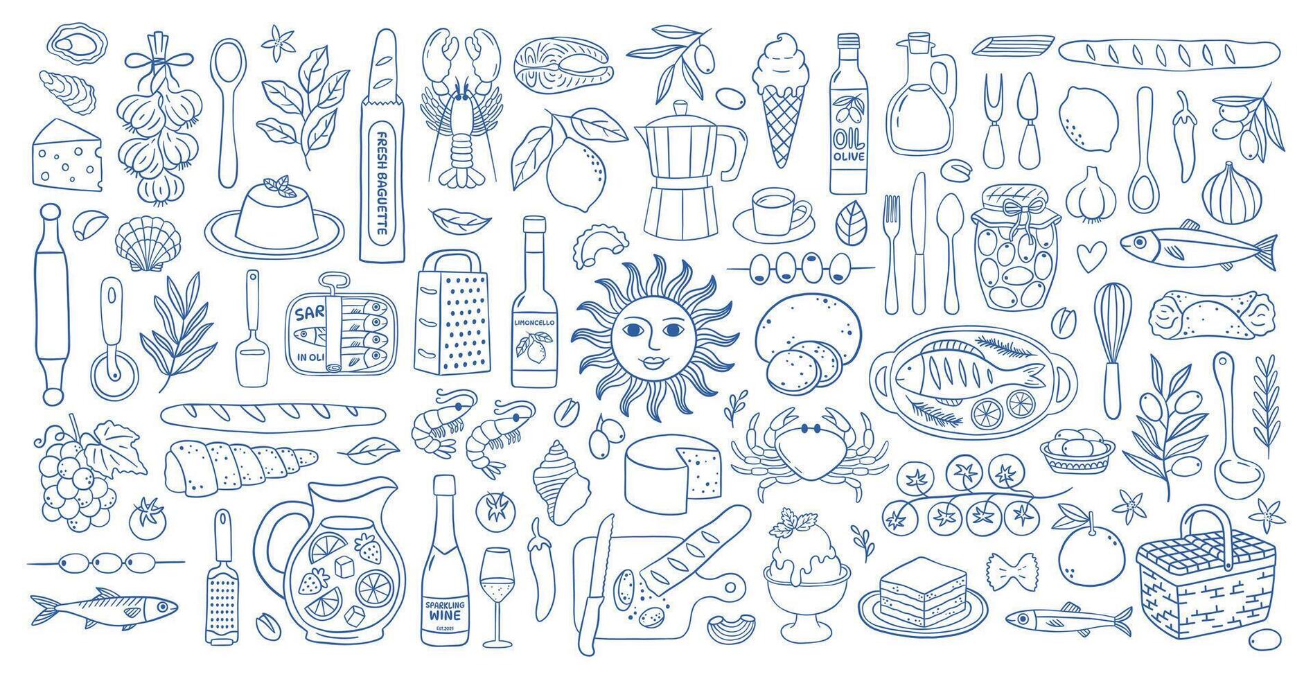 Hand drawn doodle mediterranean set with Italian food, ingredients and kitchen utensils in blue line style. Dolce vita Italian icon elements vector