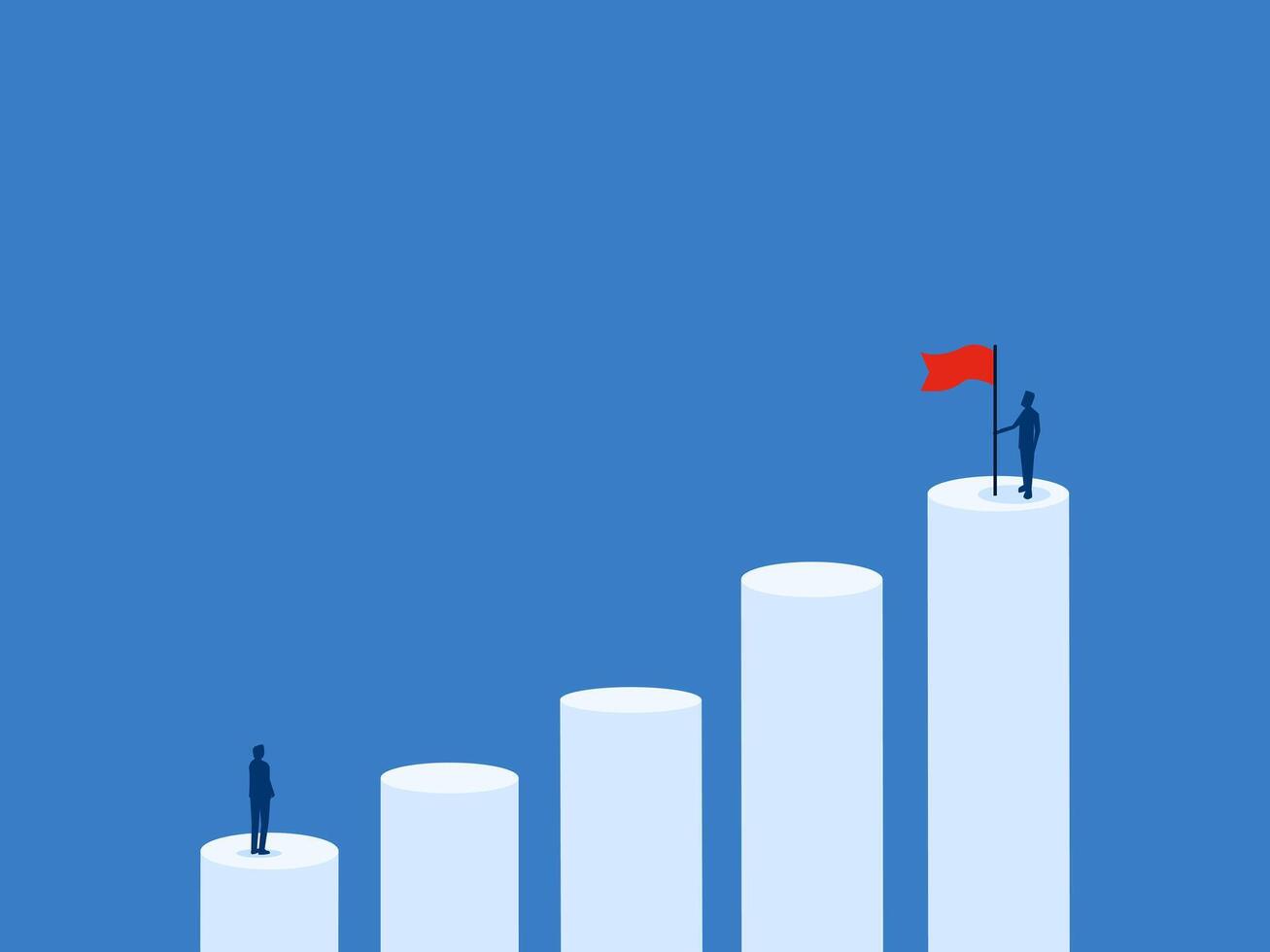 Businessman on bar chart looking at people who achieve goal as role model vector