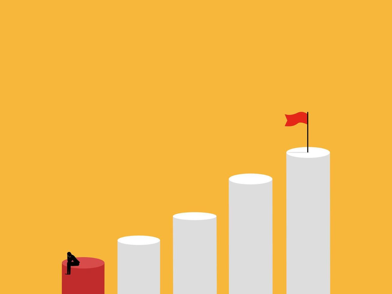 Businessman at the bottom of the chart sits stressed out, unable to reach the target flag vector
