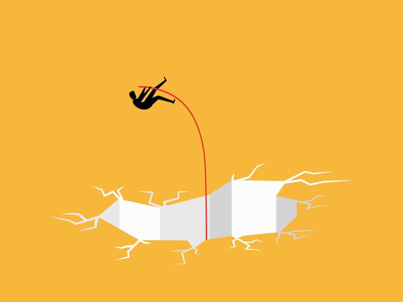 Businessman jumps over a hole with a pole. vector