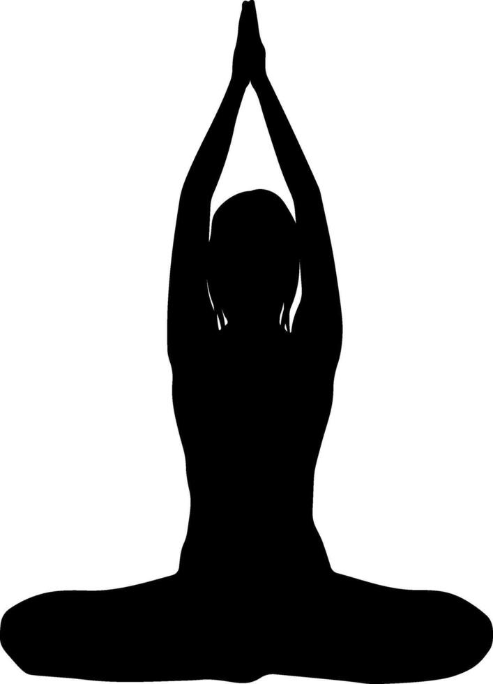 black silhouette of woman doing yoga or lotus pose with hands raised up no background vector