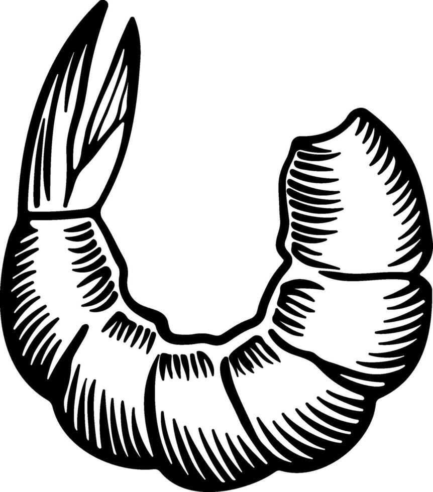 Stylized black silhouette of a shrimp tail. Minimalist seafood element perfect for icons, packaging, logos, or culinary-themed designs. vector