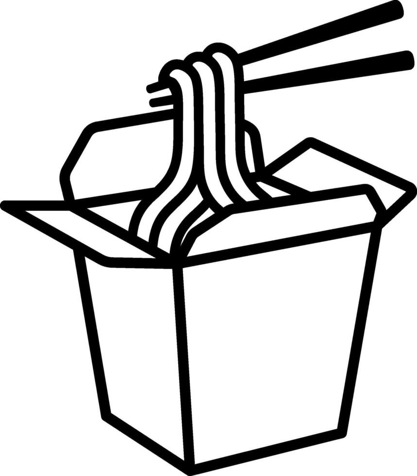 Black line art illustration of Chinese noodles in takeaway box with chopsticks. Minimalist Asian food sketch. vector