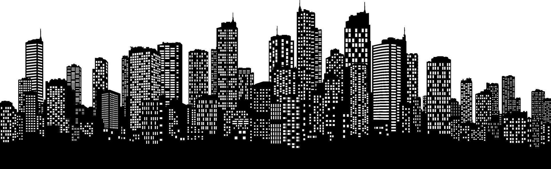 black silhouette of a big city with skyscrapers and windows or a panorama of a city without a background vector