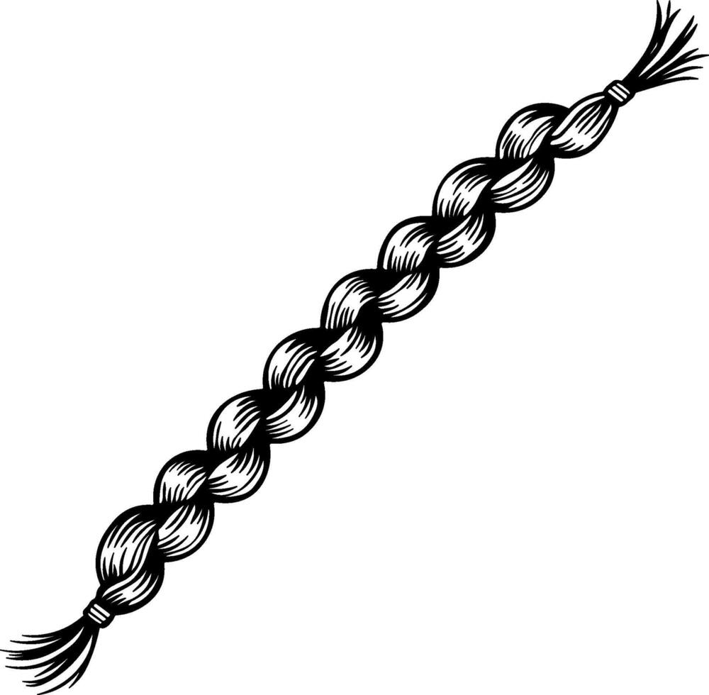 Black and white illustration of a braided hairstyle or pigtail, isolated on transparent background vector