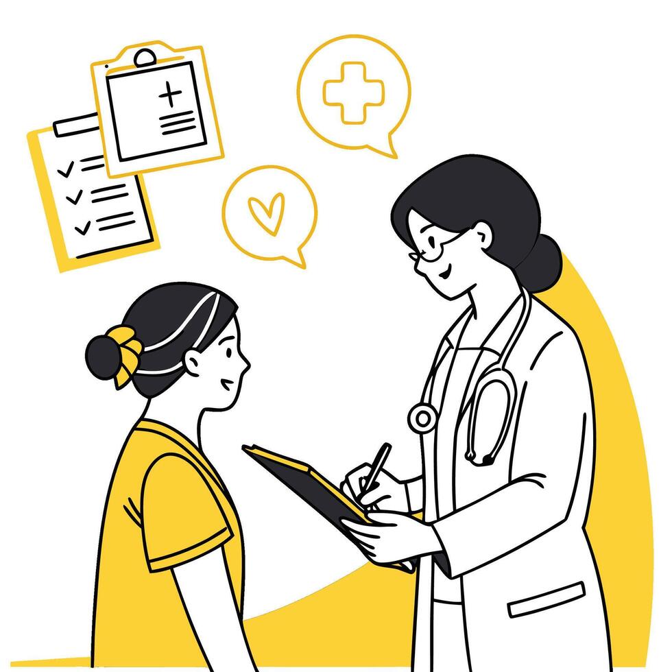 Doctor consulting a patient with a clipboard in a clinic vector