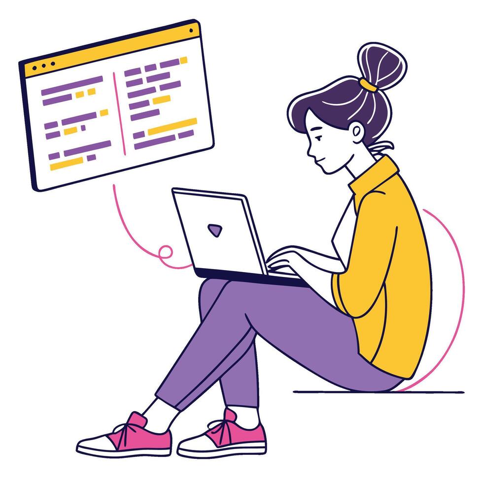 Female Coder Focused on Laptop and Screen vector