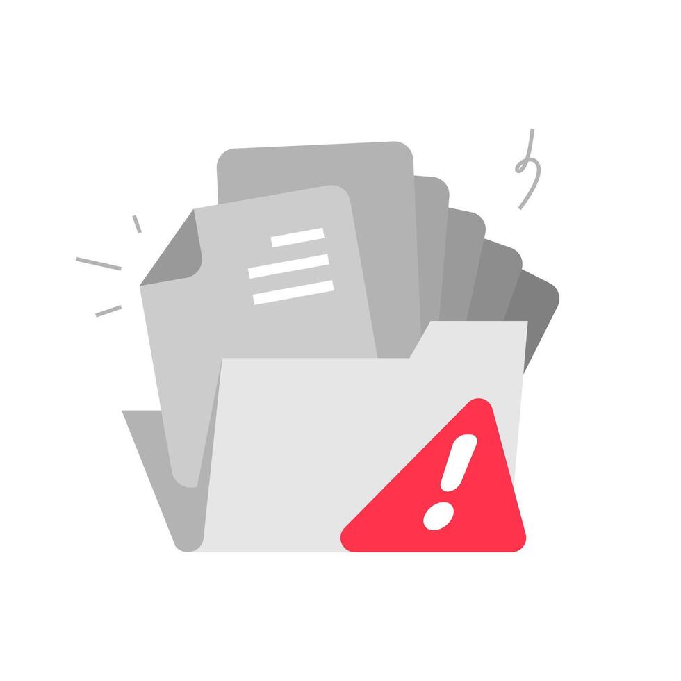 Full folder with overflowing documents illustration. Storage full concept with paper files coming out of file folder. Data overload, management, or digital storage warning symbol in flat design vector