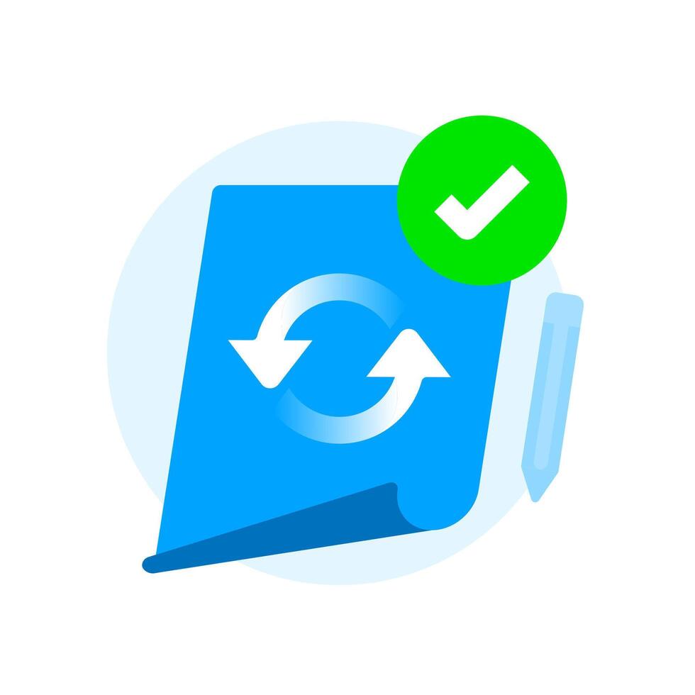 Document update success icon. illustration of paper sheet, circular arrow and check mark. successful data change, update complete, or modification confirmed. Perfect for UI and system notification vector