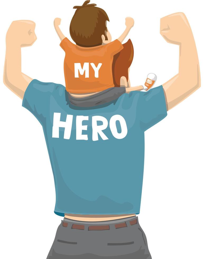 a man is holding his son on his shoulders and saying my hero vector