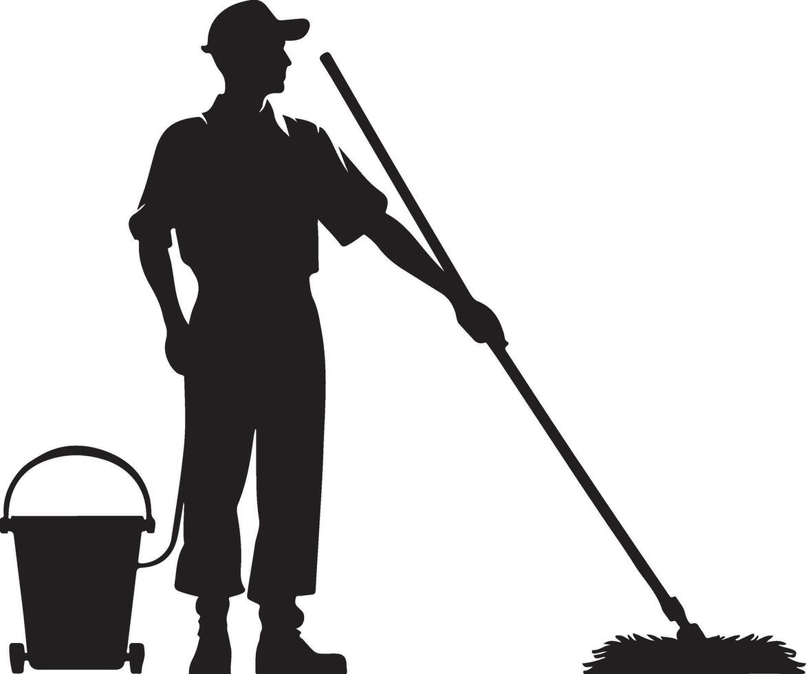man with broom Cleaner with Mop and Bucket Silhouette Janitor Icon for Cleaning Servicesm unique new trendy vector