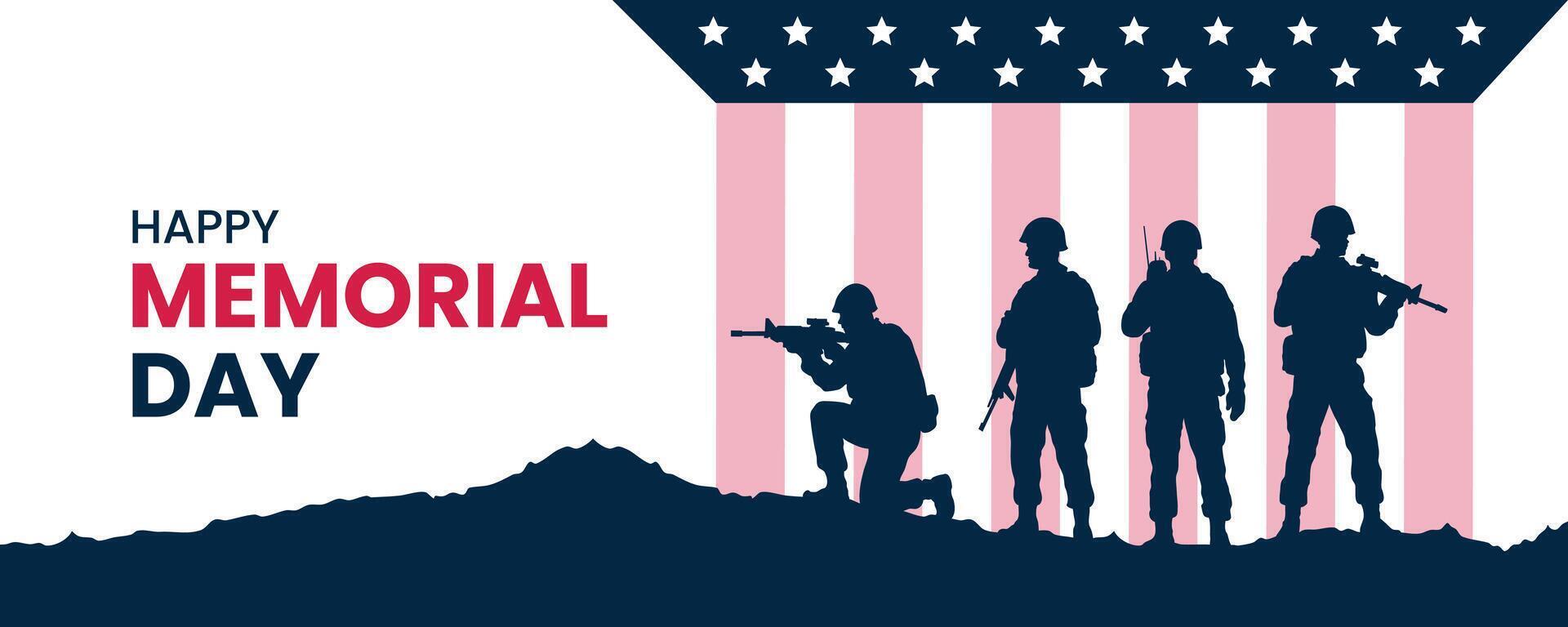 Happy Memorial Day Banner, Silhouetted Soldiers Tribute, American Flag Background vector