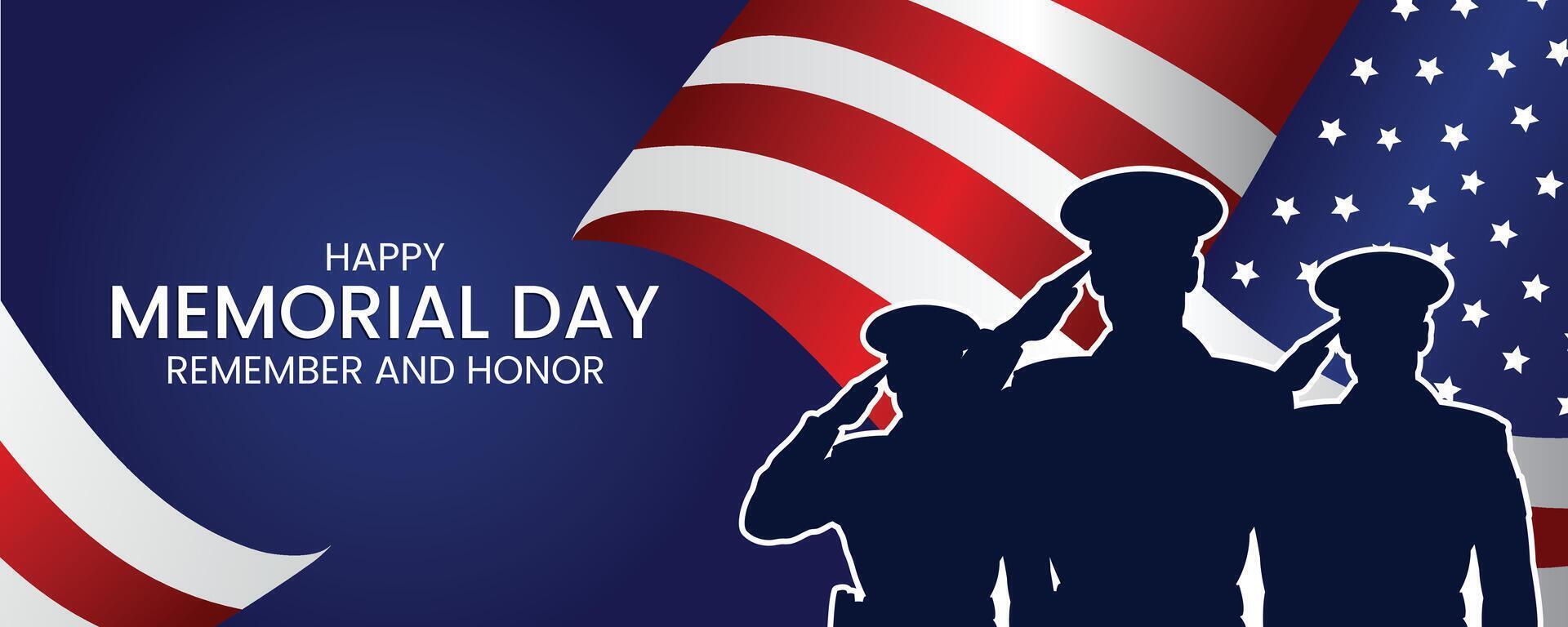 Happy Memorial Day Banner, Silhouettes of Saluting Soldiers, Under Waving American Flags Tribute Design vector