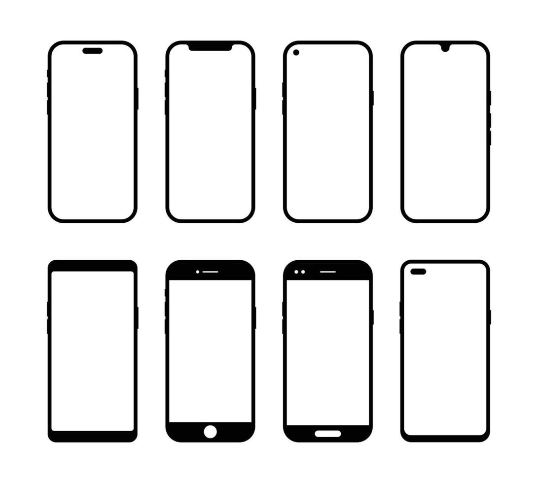 Smartphone Frame Set, Mobile Device Outline Icons Minimal Phone Display Mockup Templates for UI and App Design vector