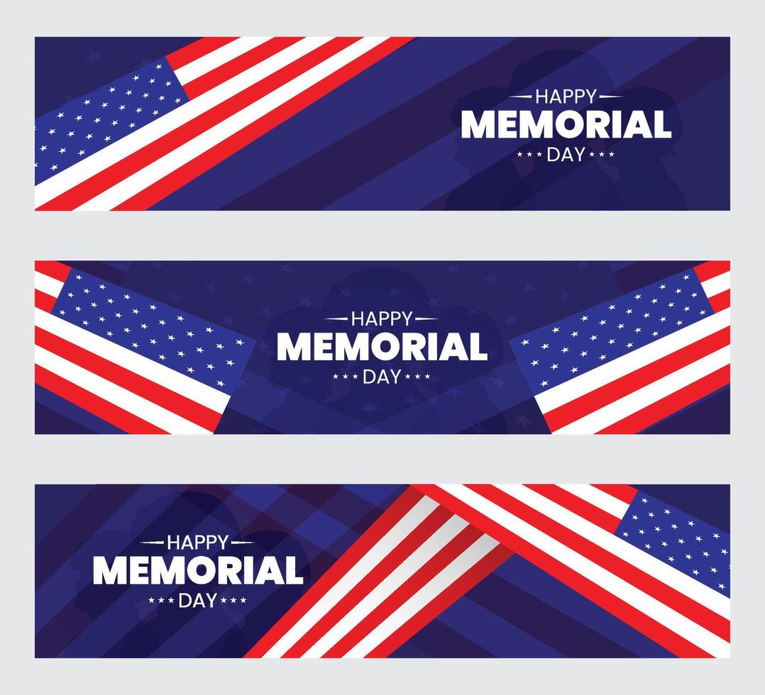 Happy Memorial Day Banner Set, American Flags and Soldier Silhouettes, Patriotic Tribute Design vector