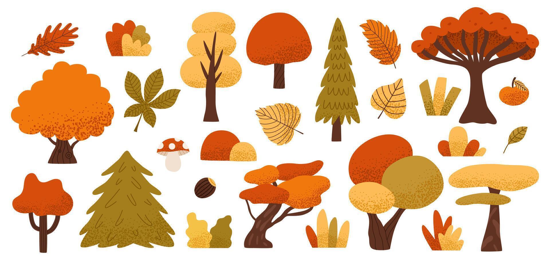 Set of autumn leaves and trees. Fall elements set for pattern, banner, sticker, Hello autumn card. Flat illustration on white background. vector