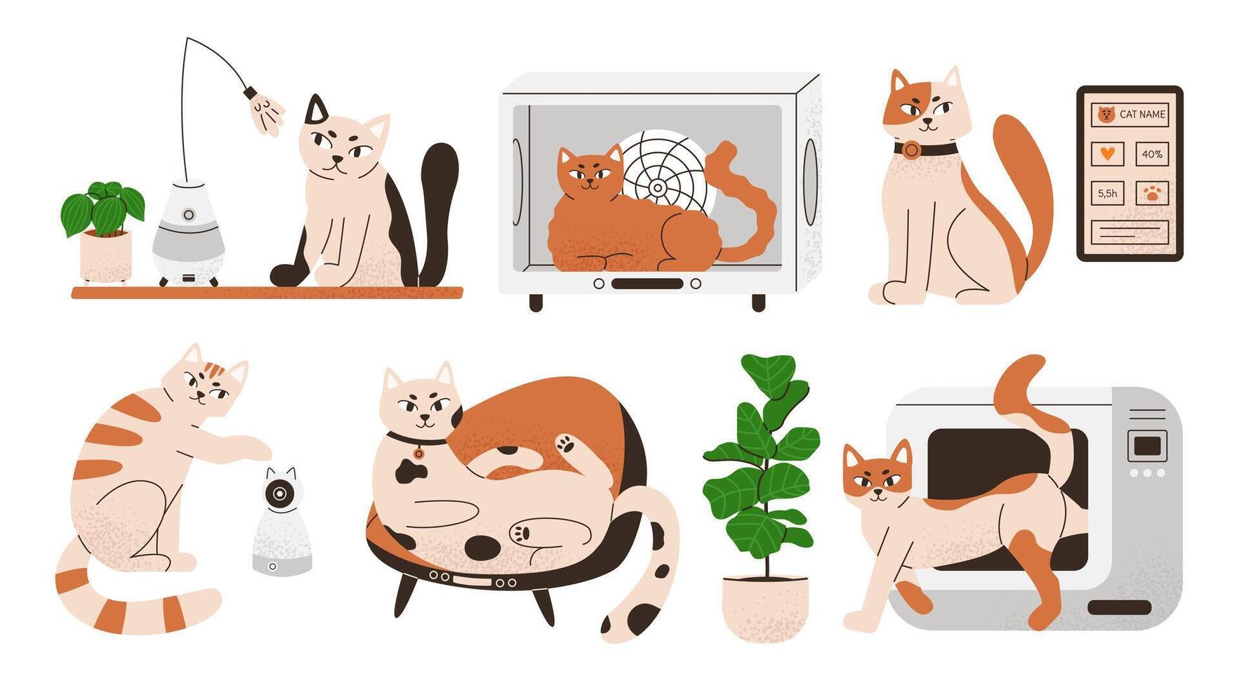 Pet gadgets set. Digital devices, automation technologies, accessories for animal owners. Cats with automatic toilet, toy, dryer, heated bed, camera. Flat illustration isolated on white. vector