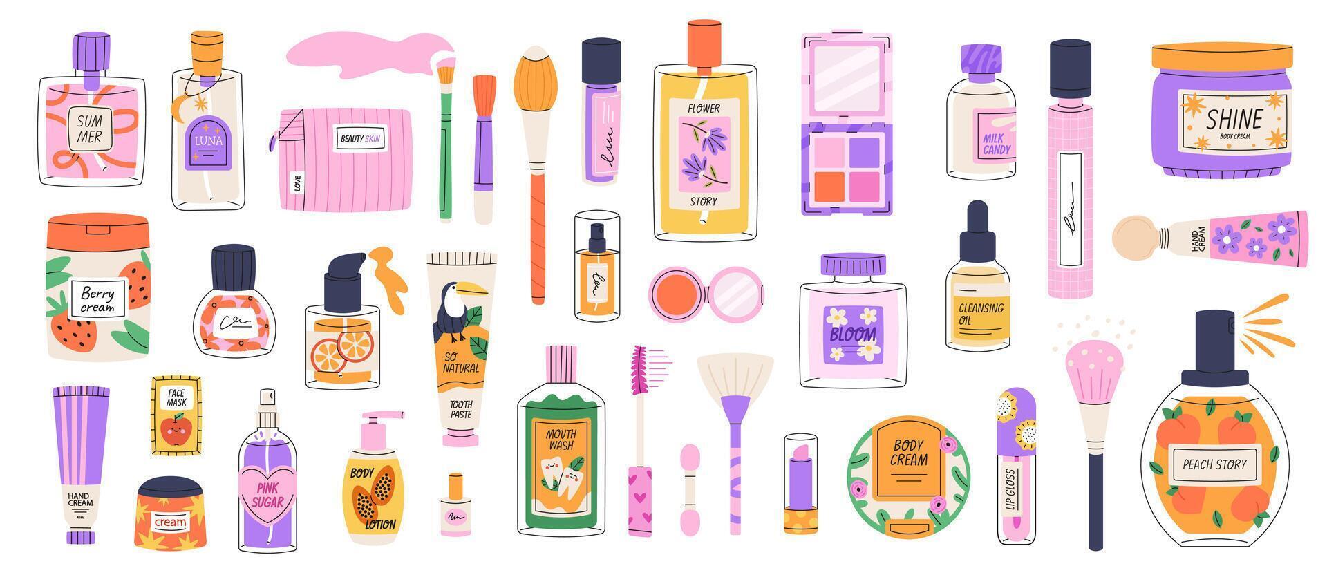 Cosmetic products set. Decorative cosmetics, cosmetics for face and body care, accessories, brushes. Flat illustration isolated on white background. vector