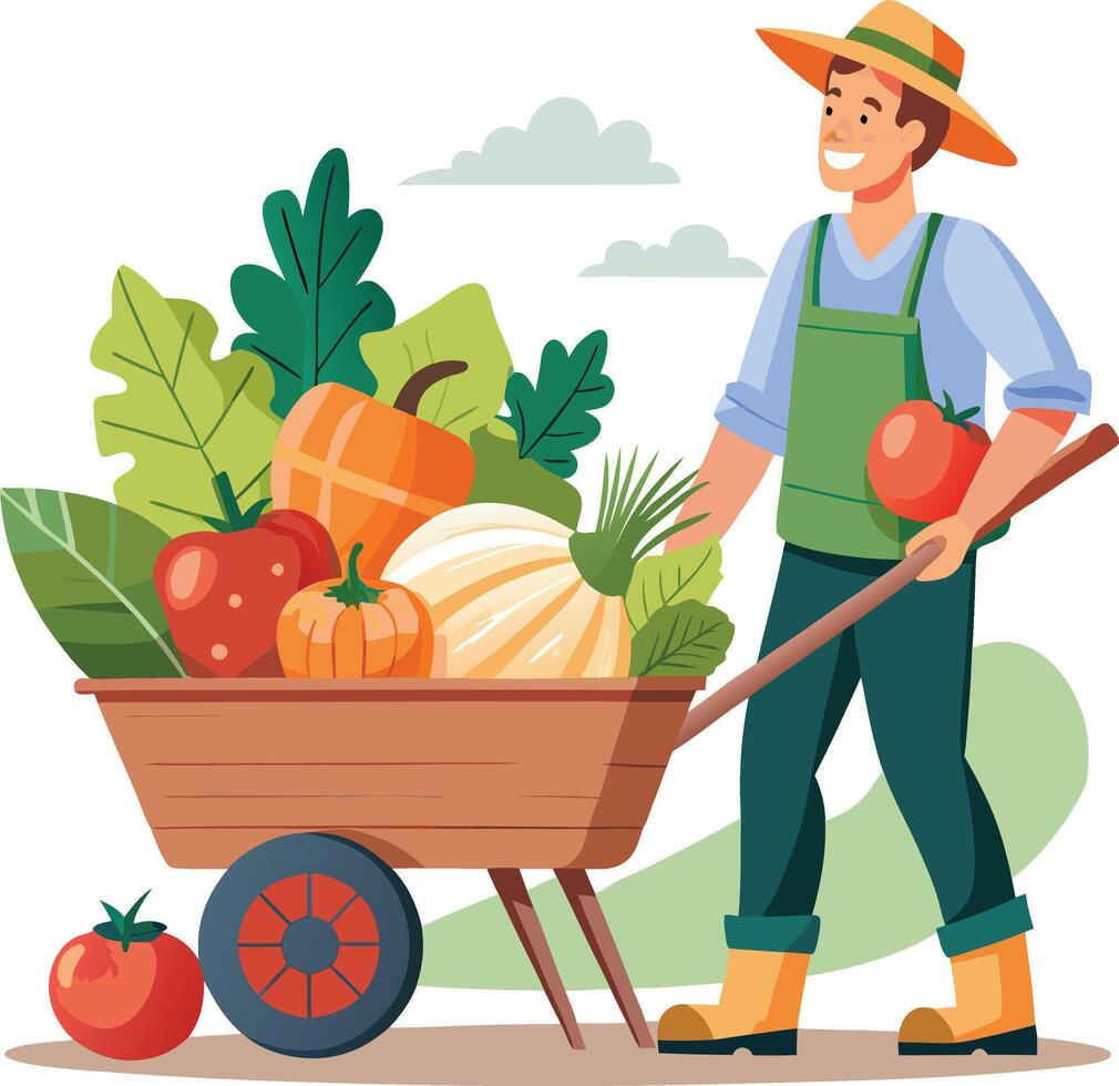 Happy Farmer Pushing Wheelbarrow Full of Fresh Vegetables and Harvest Produce vector