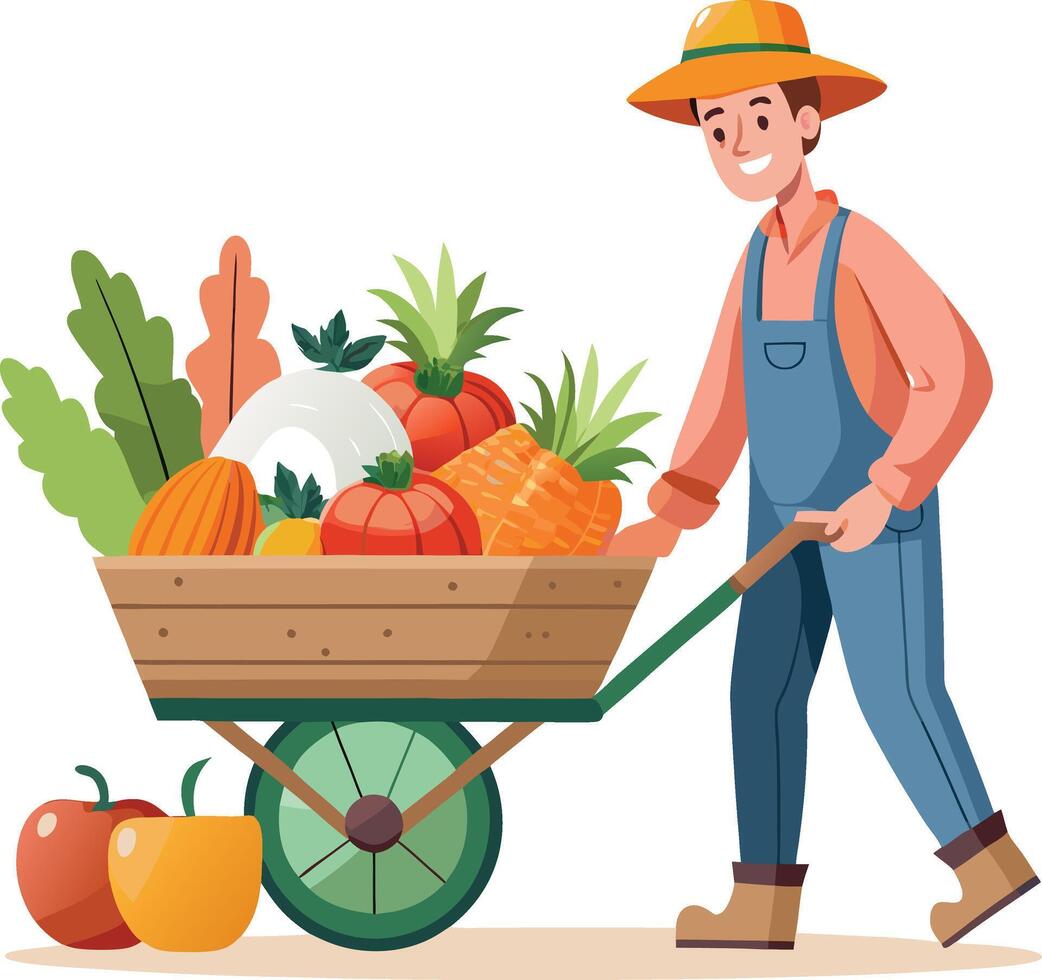 Happy Farmer Pushing Wheelbarrow Full of Fresh Vegetables and Harvest Produce, flat illustration vector