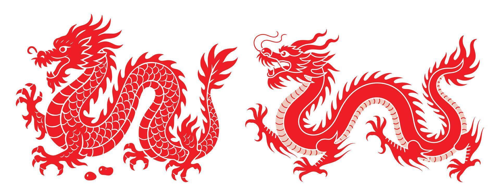 Traditional Chinese Red Dragon Set - Mythical Asian Dragon Silhouettes for Lunar New Year and Cultural Designs vector
