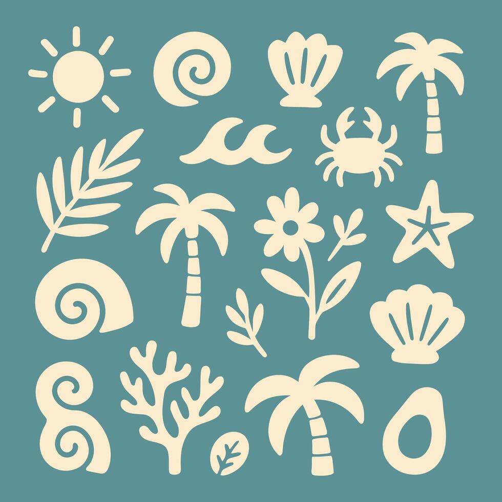 Beach Summer Doodle Clipart Set - Hand Drawn Tropical Icons Including Palm Trees, Shells, Waves and Sun vector