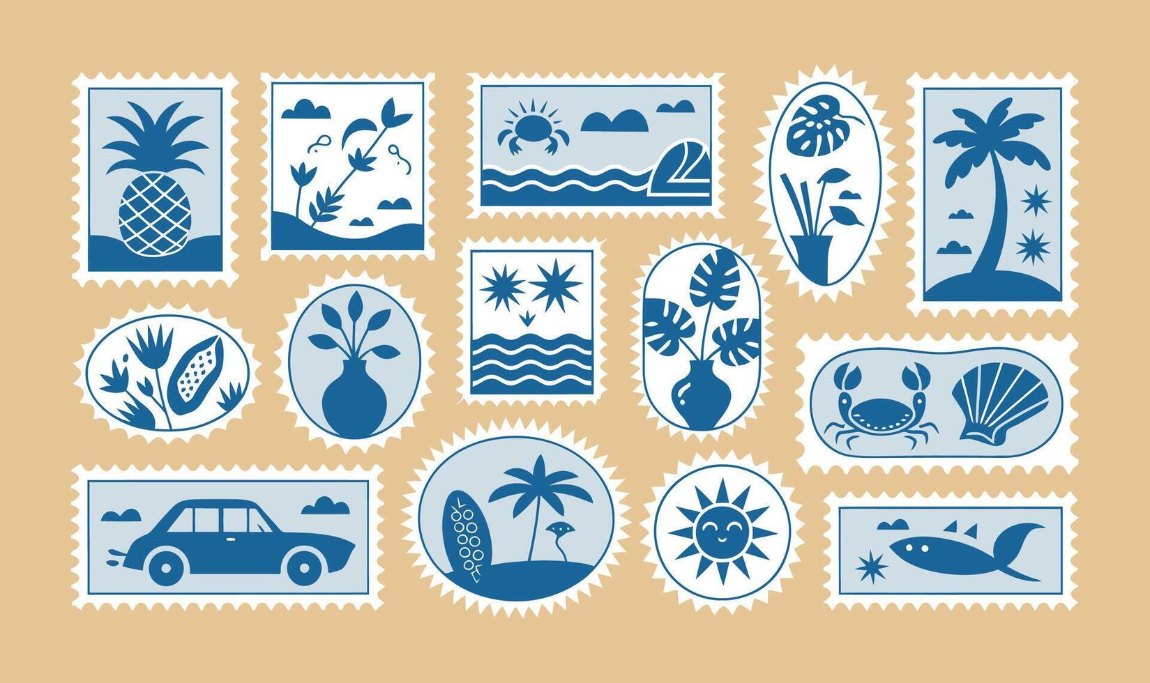 Vintage Tropical Travel Stamp Icons Set - Retro Island Icons with Palm Trees, Sun, Plants, and Ocean Life vector