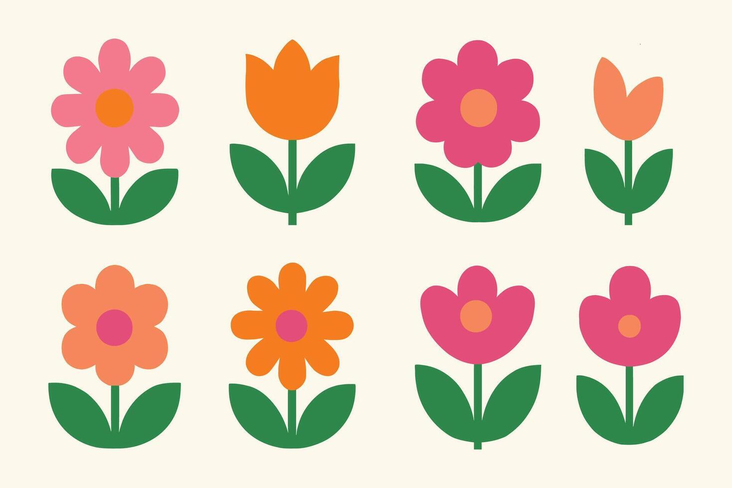 Flat Spring Flower Clipart Set - Cute Minimal Floral Icons with Bright Petals and Green Leaves vector