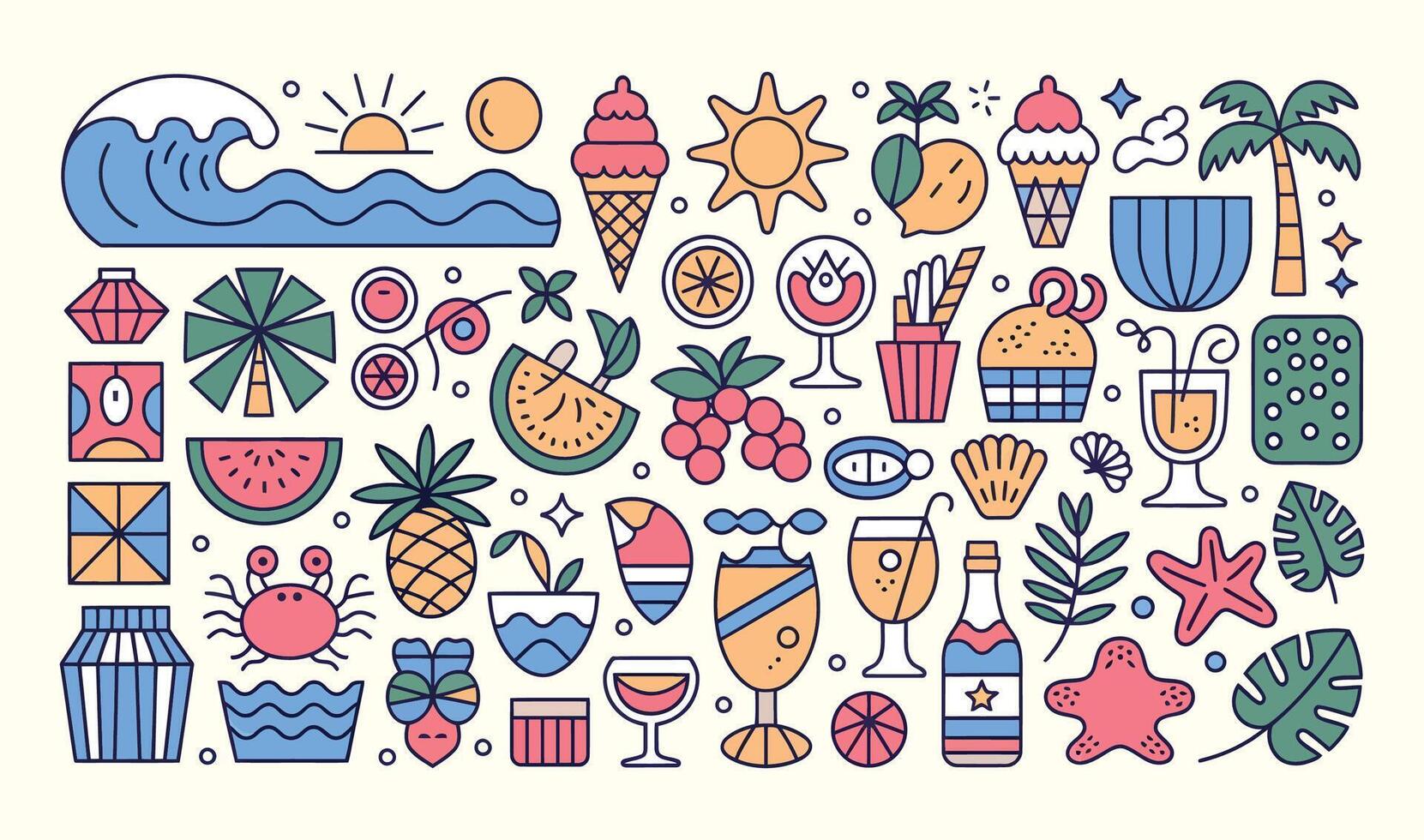 Colorful Summer Doodle Set Tropical Beach Icons with Fruits, Ice Cream, Drinks, Palm Trees and Sun vector