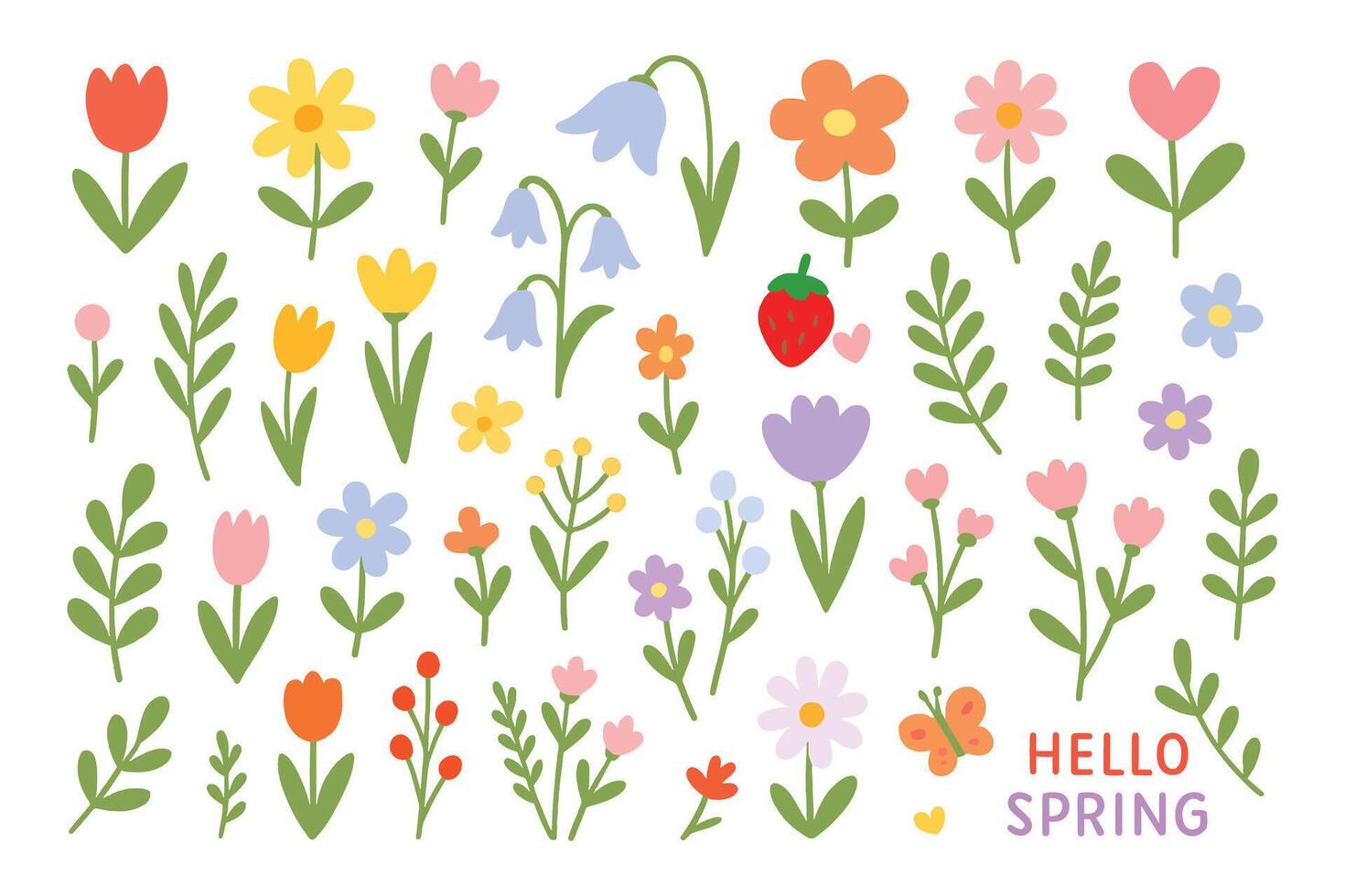 Spring Floral Elements Clipart Set - Cute Hand Drawn Flowers and Leaves with HELLO SPRING Text vector