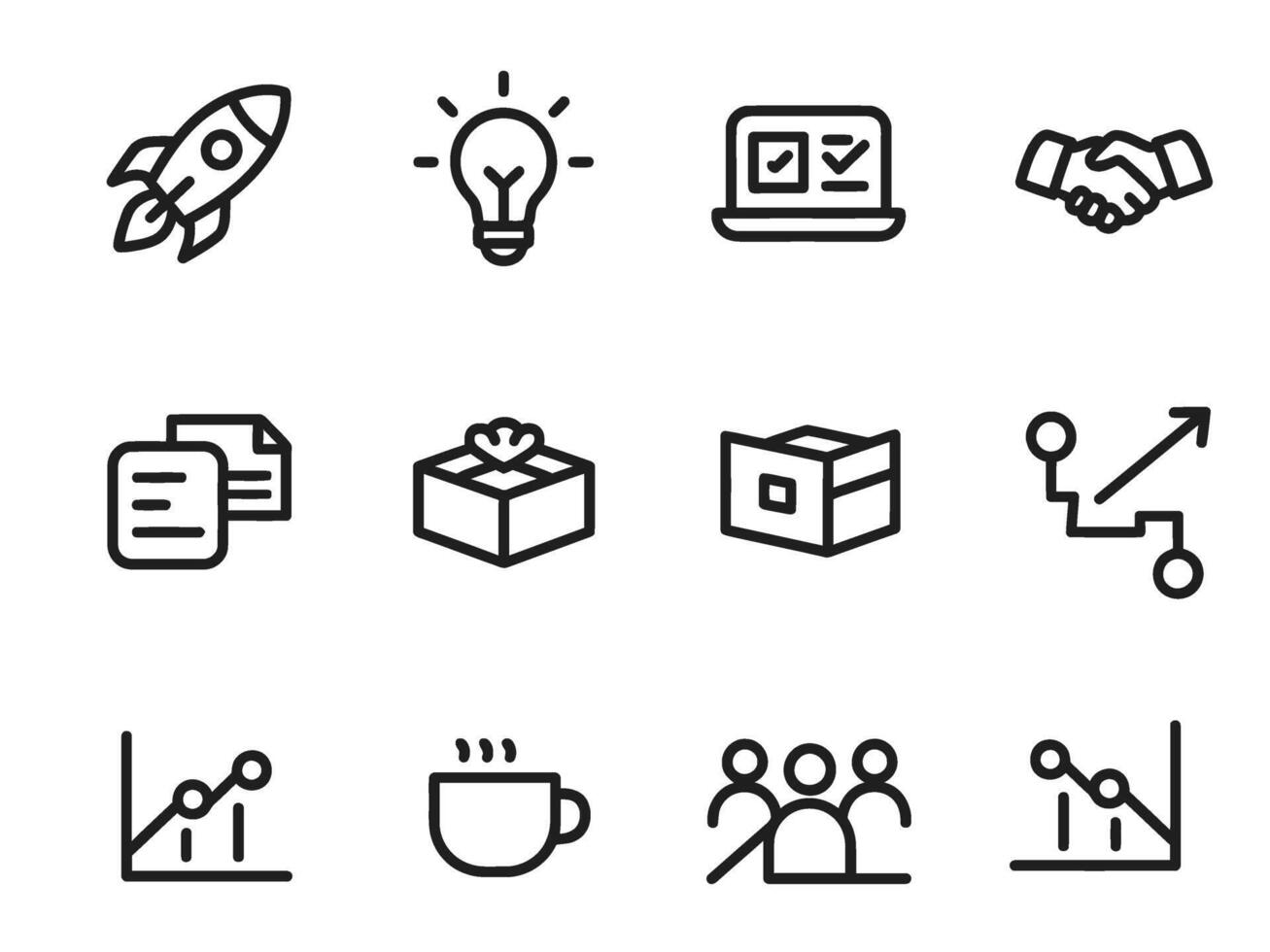 A modern and minimal line-style business startup icon set, featuring essential elements such as rocket launch, ideas, teamwork, growth, and data charts. vector