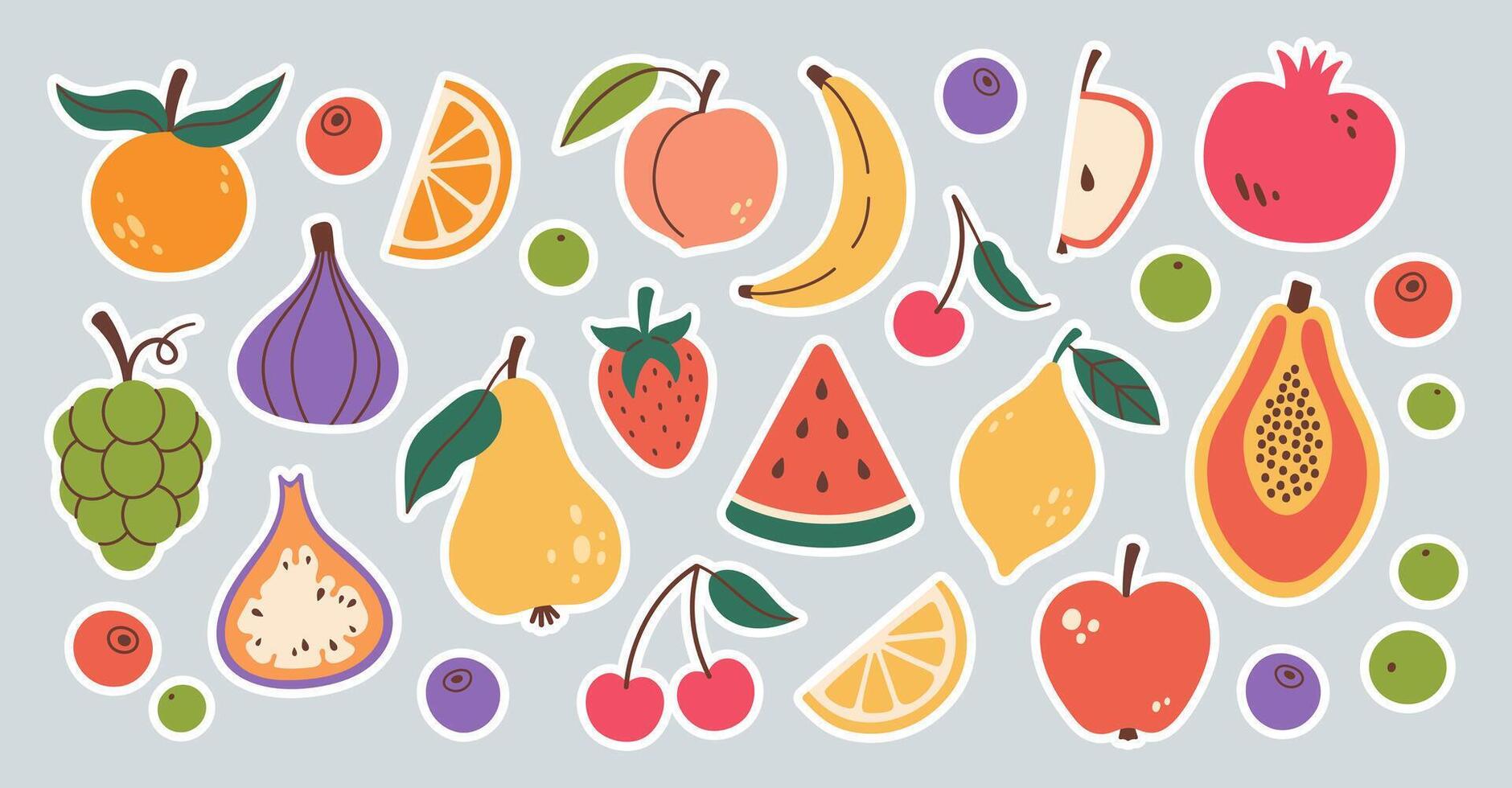 Set of different fruits and berries stickers. Collection of organic vitamins and healthy nutrition. Watermelon, banana, peach, apple, cherry, pear, grapes, lemon. Flat design, doodle style. vector