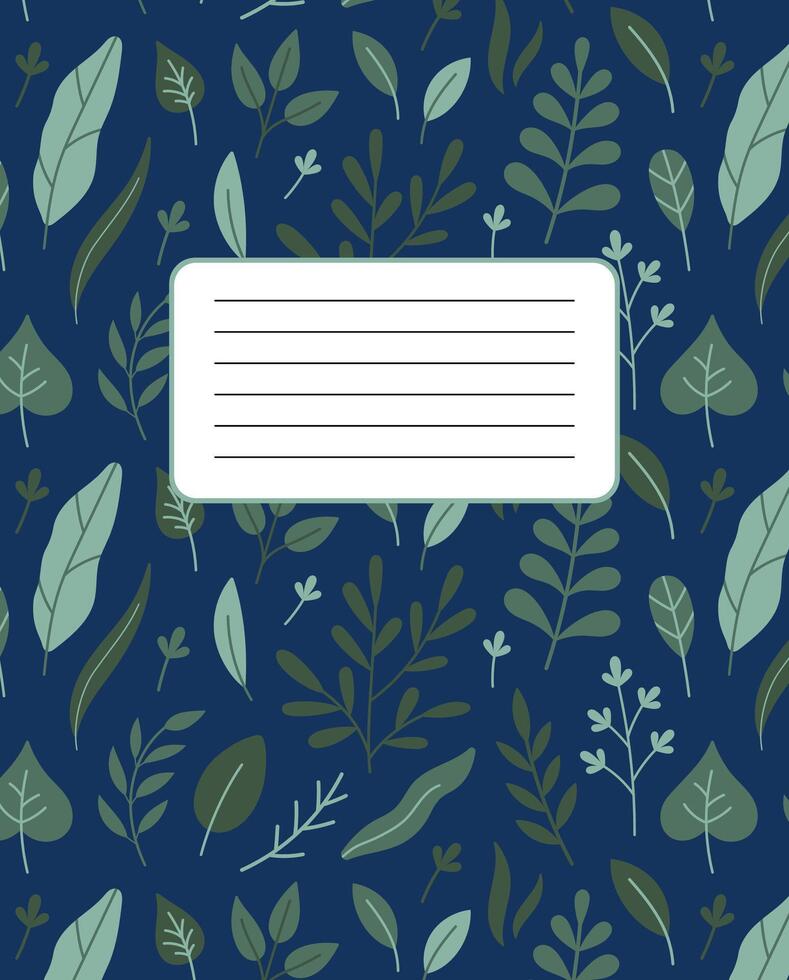 Notebook cover design with leaves and herbs on dark blue background. Flat design. Doodle style. Copy book template with copy space. vector