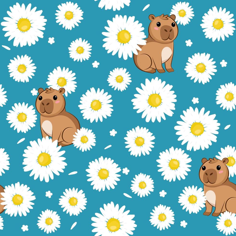 Chamomile flower with funny capybara on blue background vector