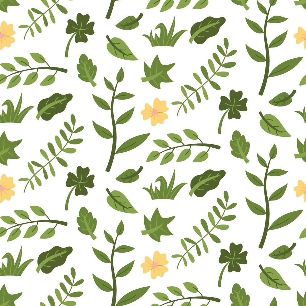 pattern of green garden branches, leaves. Flowers, bushes, branches, grass. Flat color illustration in texture. Greenery in the garden. Suitable for decorating children's and nature projects, prints vector