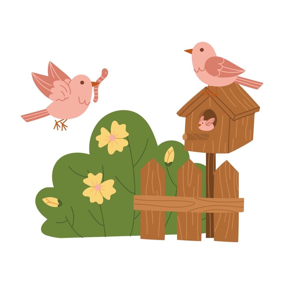 Illustration birdhouse with birds and flowering bush. bird family, Dad came to feed baby bird with worm. collection of color illustrations. Suitable spring postcards, prints, blog design, children's vector