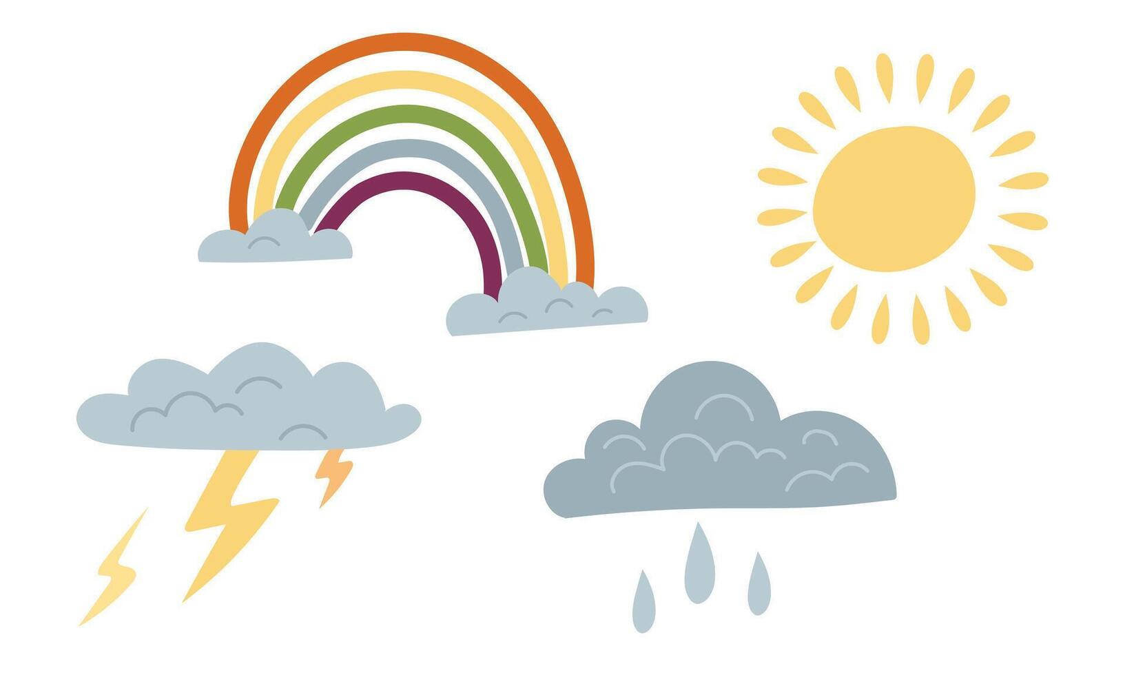 Set of weather conditions sun, lightning, clouds, rain, rainbow. Flat color illustration. Beautiful spring and summer weather. Creates cozy mood. Suitable for decoration, postcards, packaging, prints vector