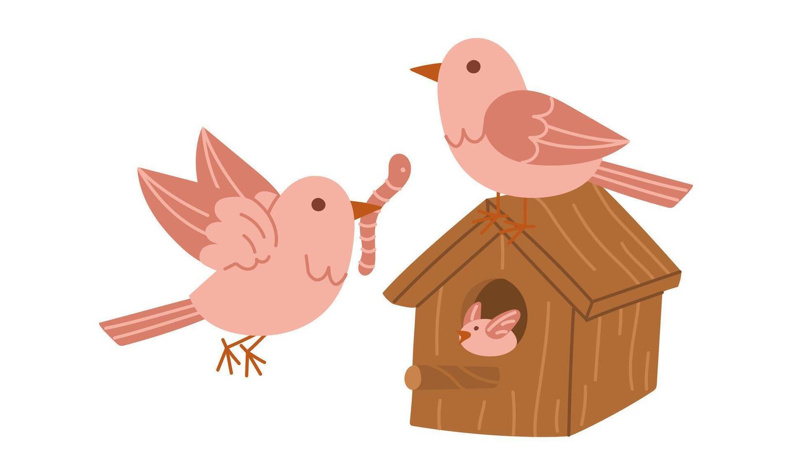 Illustration of a birdhouse with birds. family of birds, Dad came to feed the baby worm. collection of color illustrations. It is suitable for spring postcards, prints, blog design, children's books vector