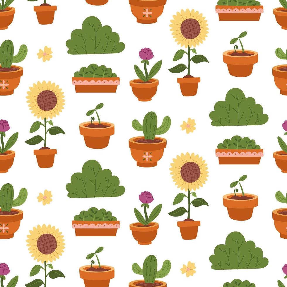 pattern of flowers in a flower pot. sprout, flower, cactus, bush. Flat color illustration in texture. Pleasant spring and summer. Suitable decoration, postcards, packaging, prints, covers with cozy vector