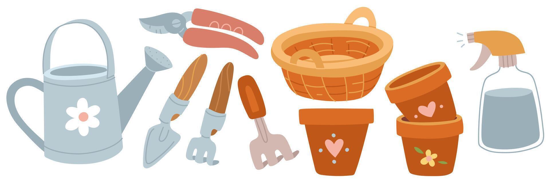 set of items planting and caring for plants. Watering can, basket, pot, hoe, shovel, pruner. Flat color illustration. Suitable for postcards, prints, blog design, children's books, packaging design vector