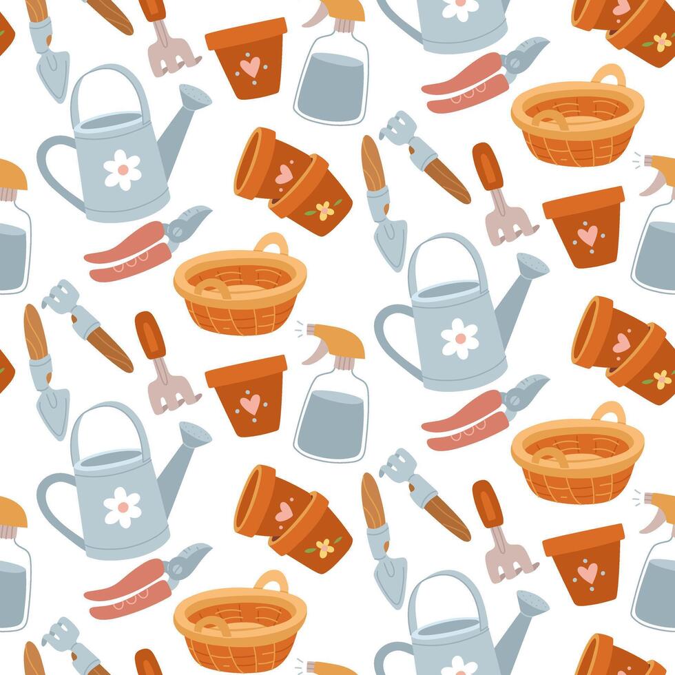 pattern of planting and caring plants. Watering can, basket, pot, hoe, shovel, pruner. Flat color illustration in texture. Suitable postcards, prints, blog design, children's books, packaging design vector