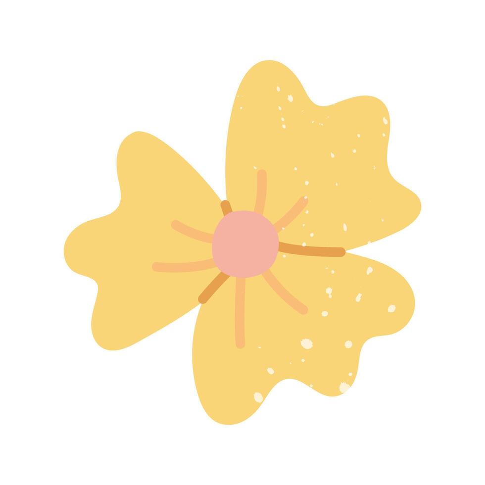 Yellow buttercup flower with texture. Flat color isolated illustration with doodle elements. Greenery in the garden. Suitable for decorating children's and nature projects, prints, packaging, blogs vector
