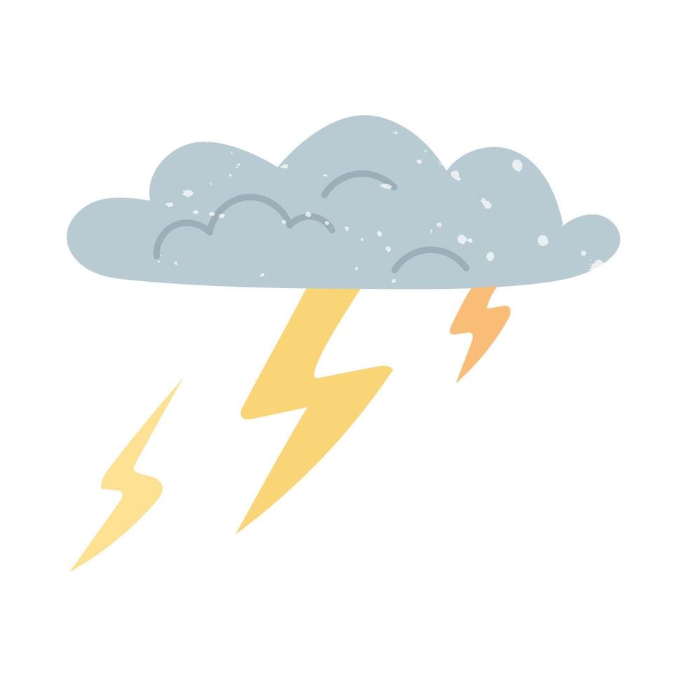 Clouds with lightning and texture. Flat color isolated doodle illustration. It is suitable for the design of prints, posters, packaging, social media posts and weather design. Weather forecast vector