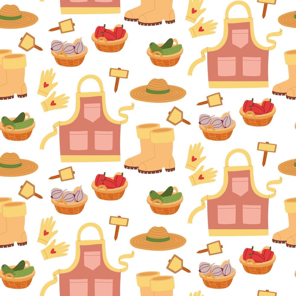 Gardening items with baskets of vegetables. Clothes and vegetables collected. Flat color illustrations in texture. Beautiful clothes for the harvest. Spring planting, summer weeding, autumn harvesting vector