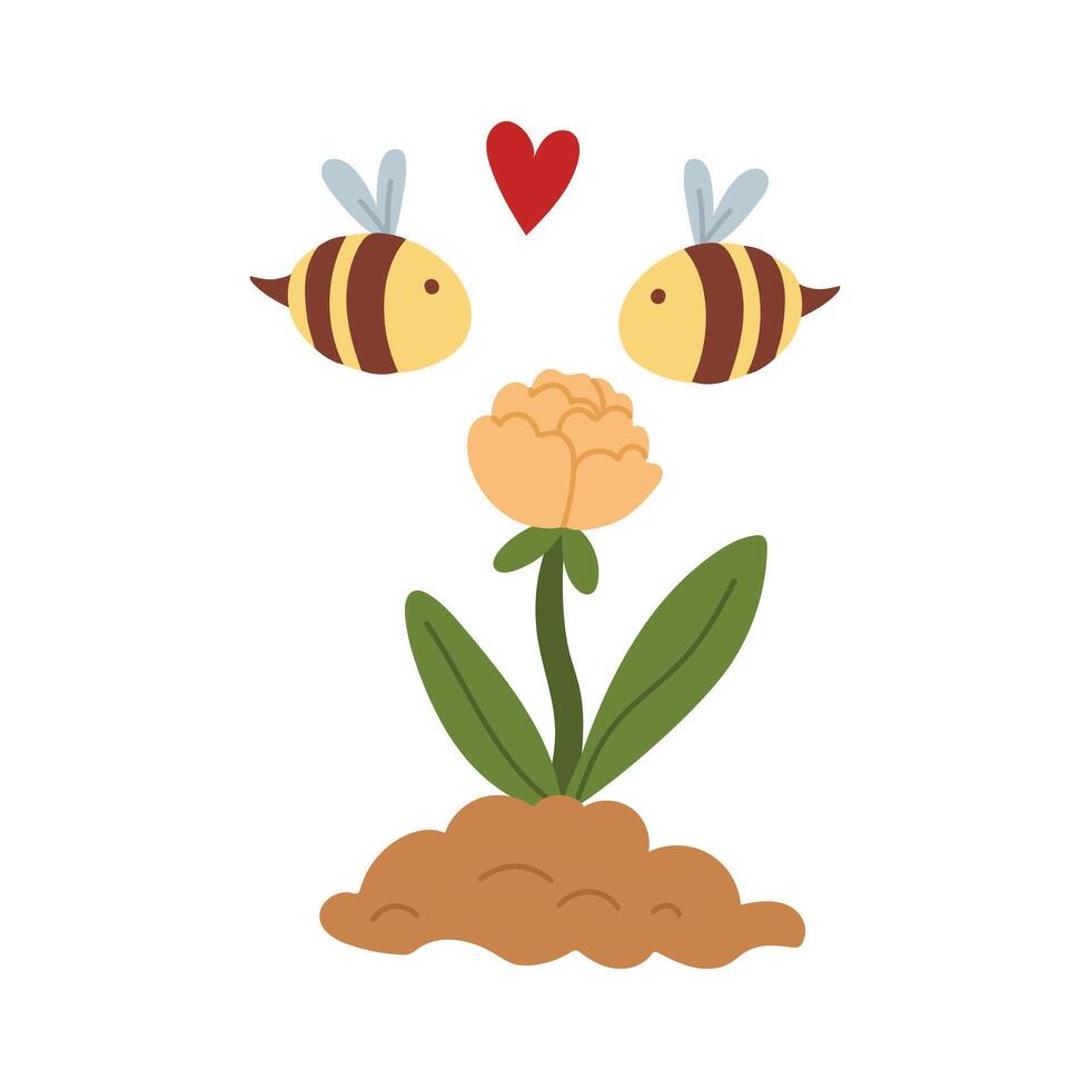 Illustration of two bees in love, meeting on a flower growing from the ground. Spring of flowering plants, love. Color flat illustration. Suitable for spring postcards, prints, blog , children's books vector