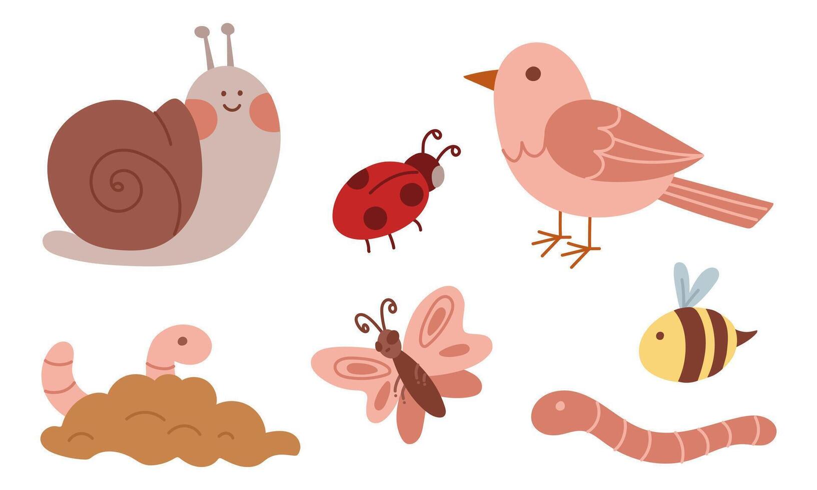 Set of cute insects and animals in garden. Flat color illustration. Snail, bird, ladybug, worm, butterfly. Ideal for prints, packaging, posters, blogs and children's or nature projects in cozy style vector
